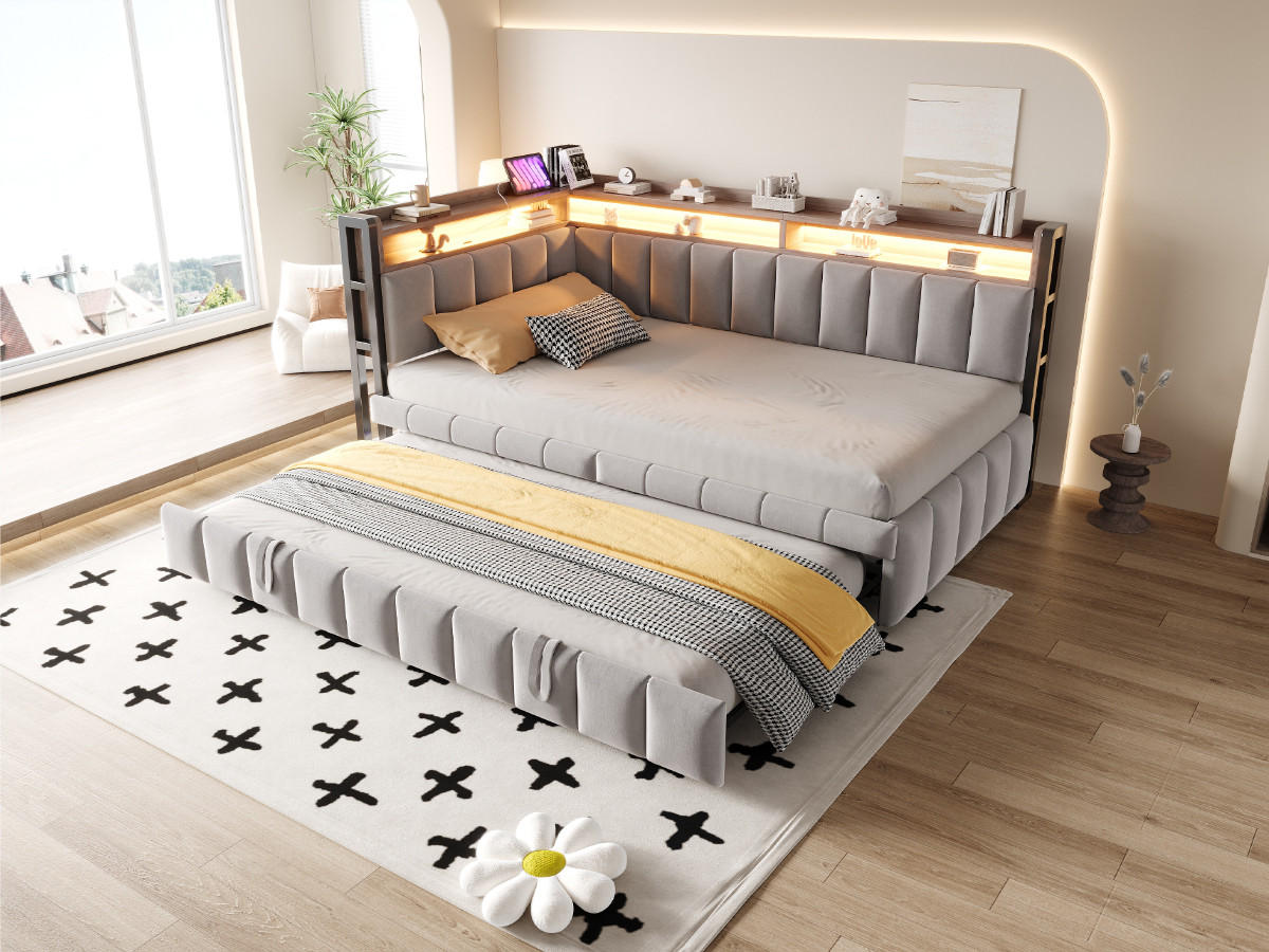 POLSTERBETT 90x200 cm LED USB hellgrau - Grau, Textil (90/200cm) - Fortuna Lai