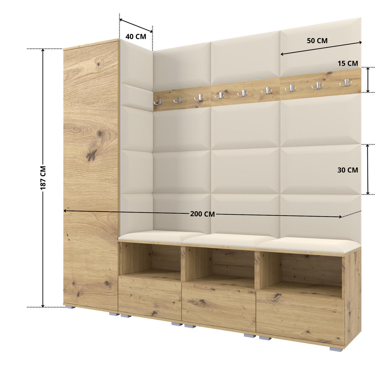 GARDEROBE NELA IX 200 cm (Modulare Flurmöbel Artisan Eiche mit Sitzpolster Creme 01 Breite Sitzbank) - Silberfarben/Creme, Holz/Holzwerkstoff (200/187/40cm) - Ravio