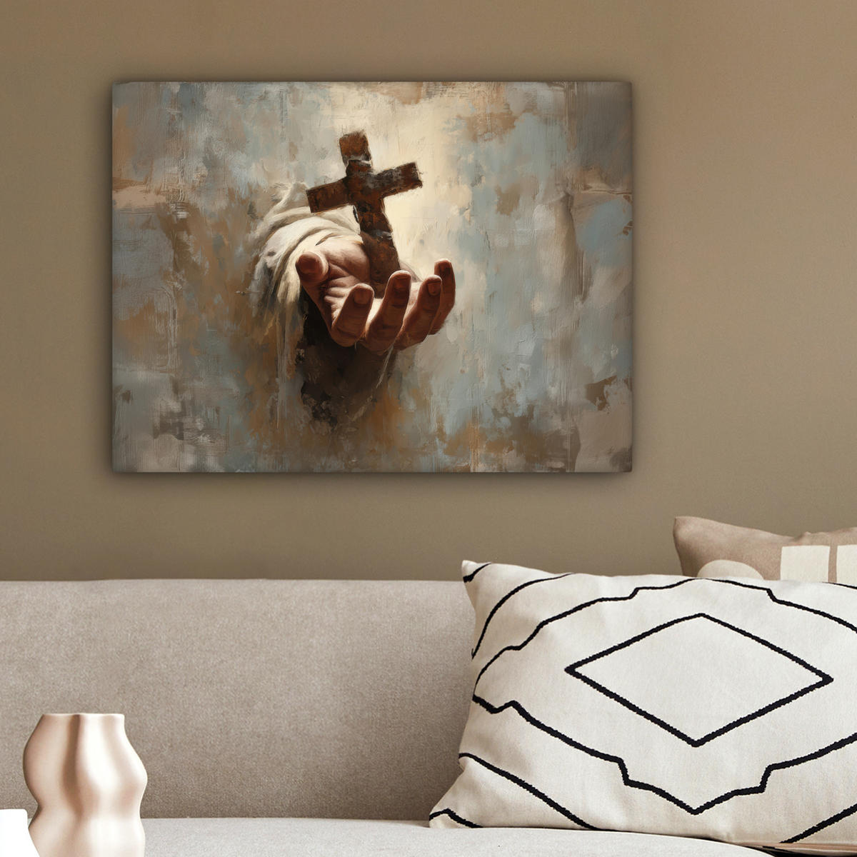 LEINWANDBILD Abstrakt - Kreuz - Hand - Christentum Wandbild 40x30 cm - Hellbraun, Textil (40/30cm) - MuchoWow