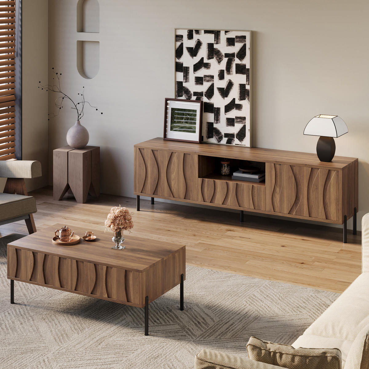 WOHNZIMMER-SET Massivholz Wellen Couchtisch TV modern - Naturfarben, Holzwerkstoff (160/46/35cm) - FLIEKS