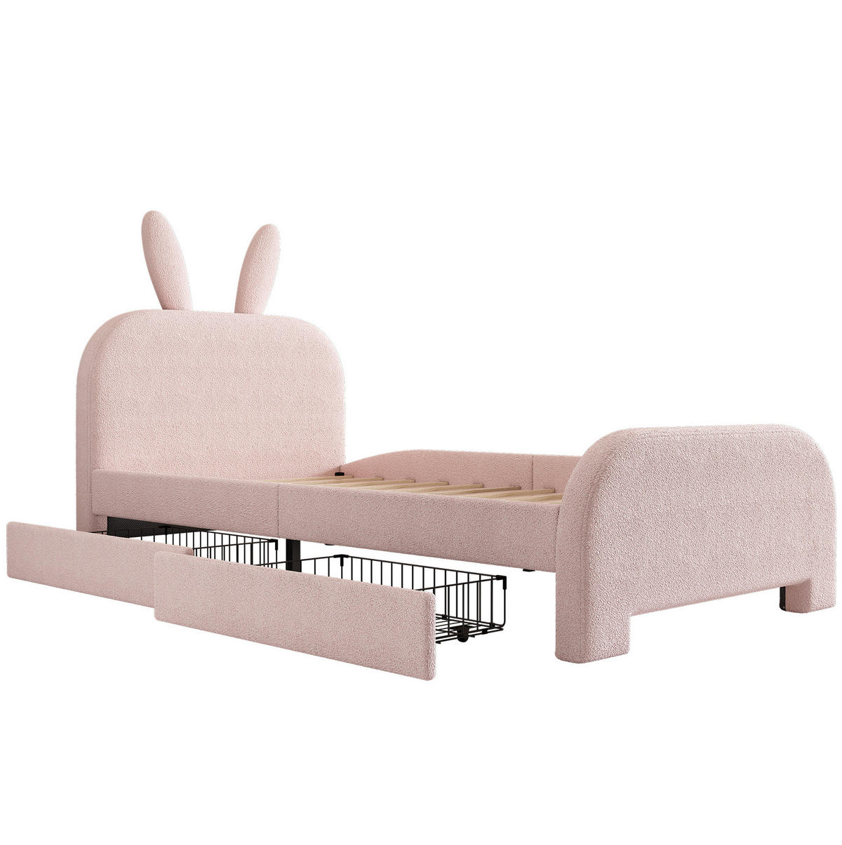BETT 90/200 cm rosa Kaninchenform mit zwei Schubladen - Rosa, Textil (90/200cm) - OKWISH