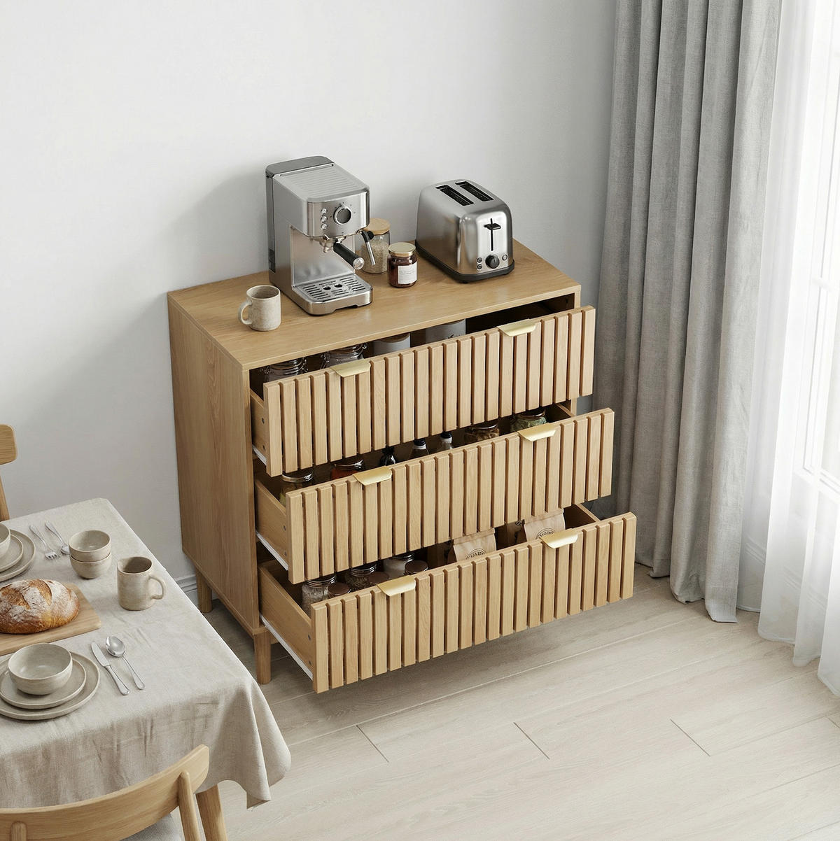 KOMMODE aus MDF und Spanplatte 80x39x80 cm Eichefarben mit 3 Schubladen und Lamellenfront - Nussbaumfarben, Holzwerkstoff (80/80/39cm) - Modfu