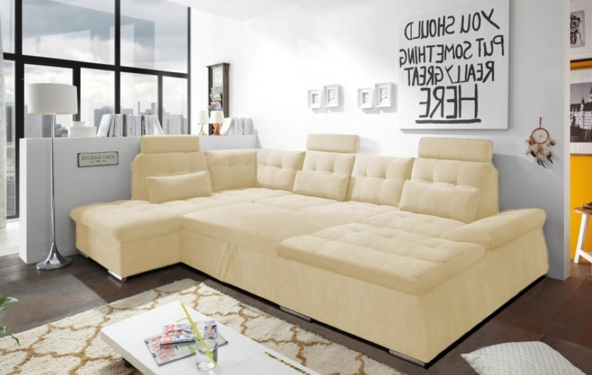WOHNLANDSCHAFT mit Schlaffunktion, Bettkasten, Armlehnfunktion und verstellbaren Kopfstützen - Chromfarben/Beige, Textil (324/103/219cm) - ed exciting design