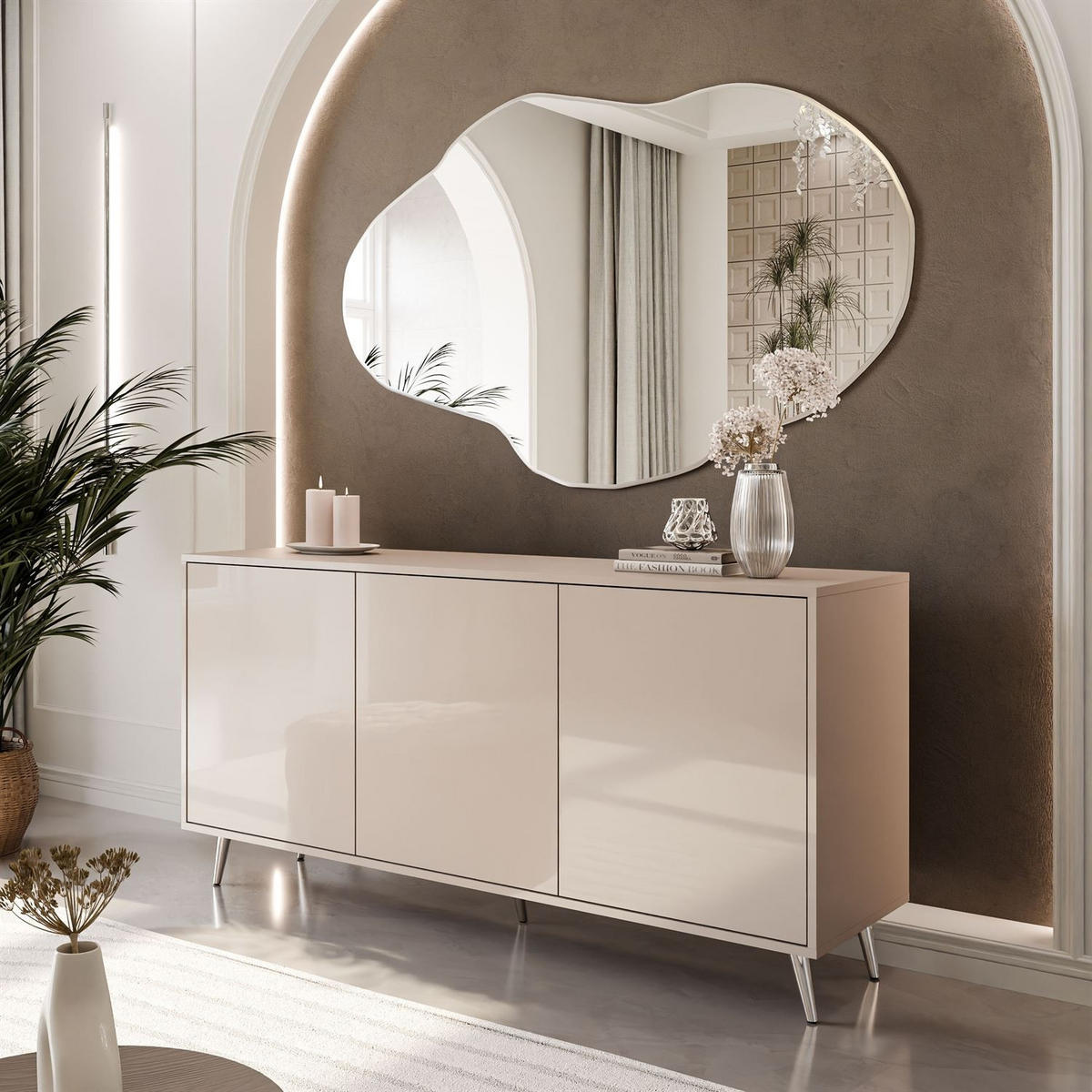 KOMMODE SANAYI Kaschmir Hochglanz – schräge silberne Beine - Kaschmir, Holzwerkstoff (154/72/40cm) - Lookway