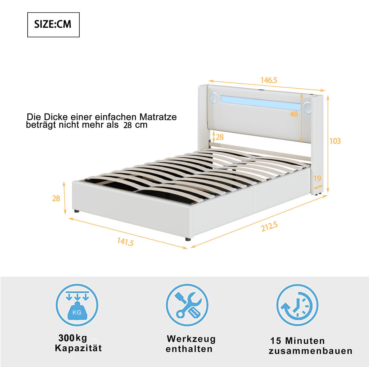 POLSTERBETT 140/200 cm Weiß mit LED-Beleuchtung und Bluetooth-Player - Weiß, Kunststoff (140/200cm) - OKWISH