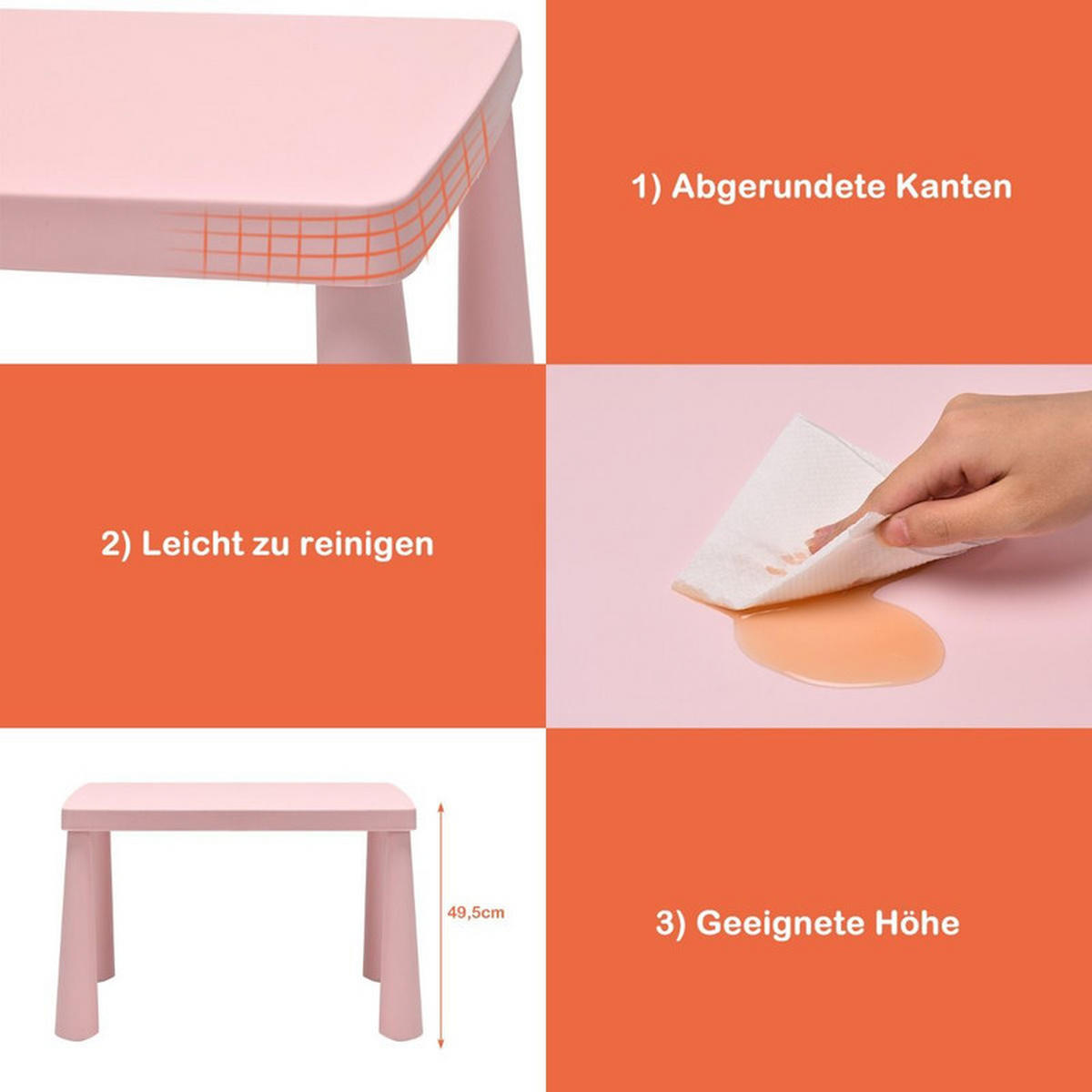KINDERTISCH mit 2 Stühlen rosa(3-tlg) - Pink, Kunststoff (76.5/49.5/54.5cm) - COSTWAY