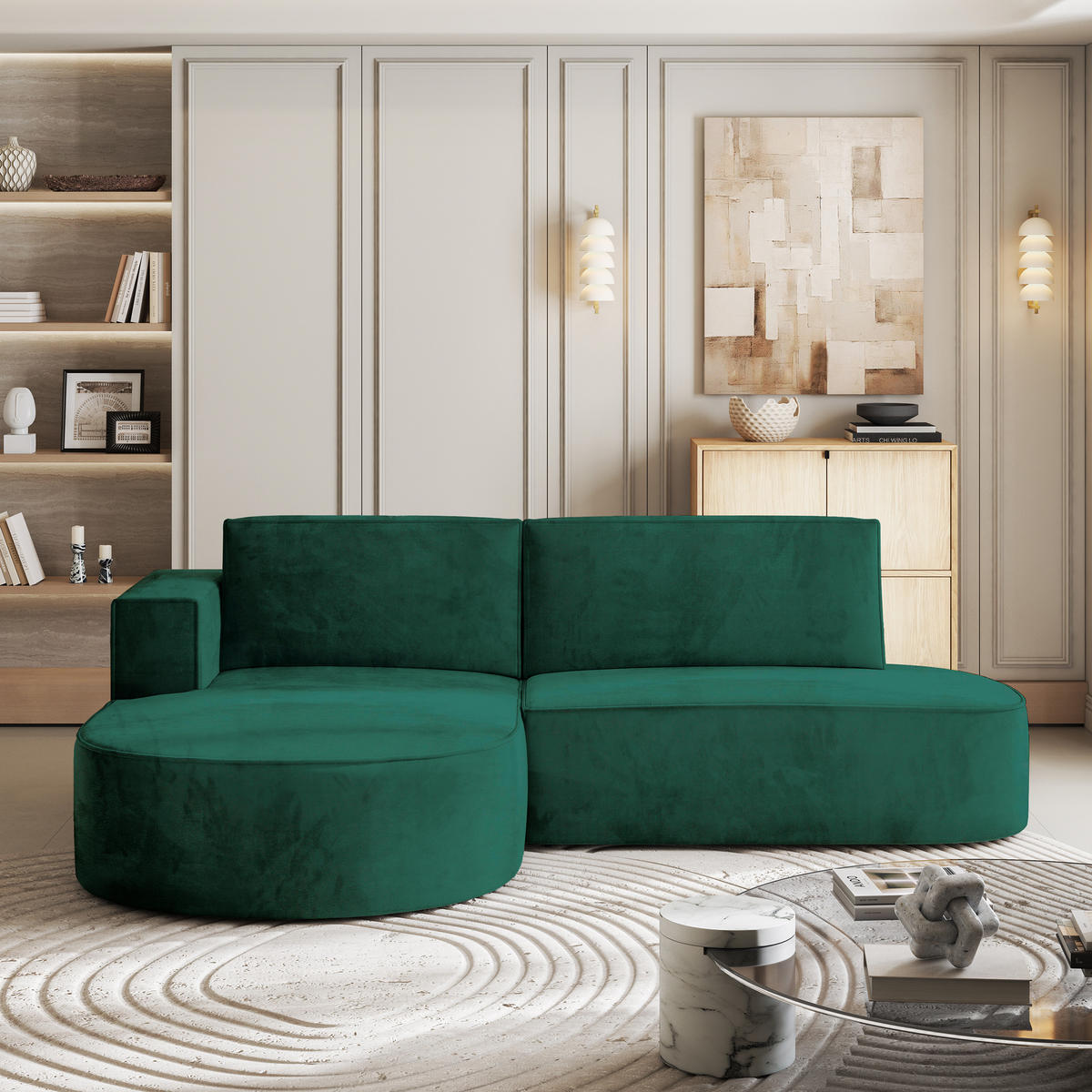 ECKSOFA CORTIO M L-S Grün Velours-Stoff mit Schlaffunktion - Grün, Holz (265/174cm) - MASSENO