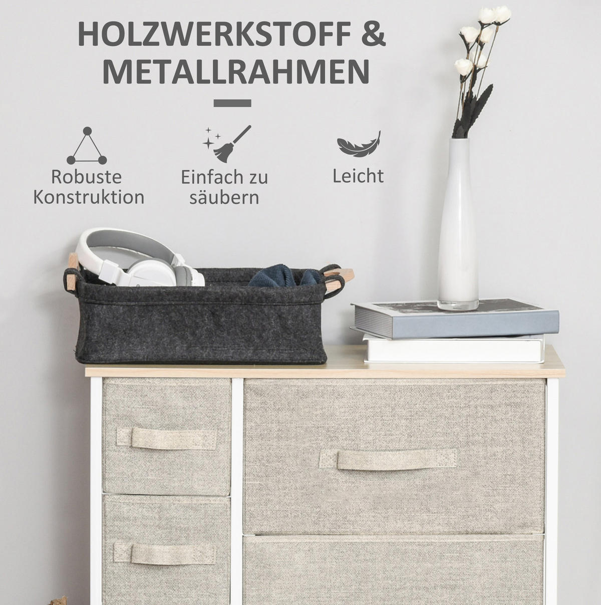 KOMMODE aus Stahl 30x63,5x71 cm Hellgrau mit 7 Stoffschubladen, Ablagefläche und klappbarem Stauraum - Hellgrau, Metall (63.5/71/30cm) - Modfu