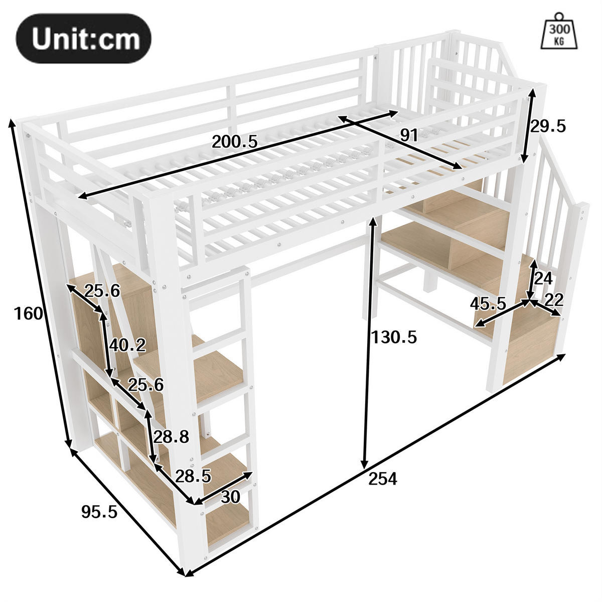 HOCHBETT 90x200cm Weiß Metall LED-Licht offener Stauraum - Weiß, Holz (90/200cm) - FLIEKS