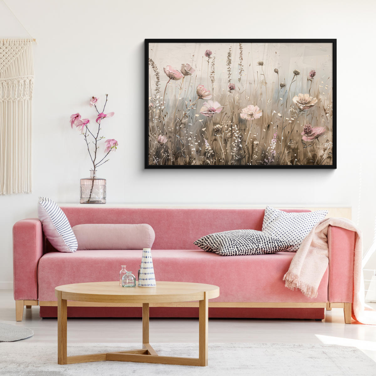 POSTER MIT RAHMEN Blumen - Rosa - Modern - Beige 120x80 cm - Beige, Papier (120/80cm) - MuchoWow