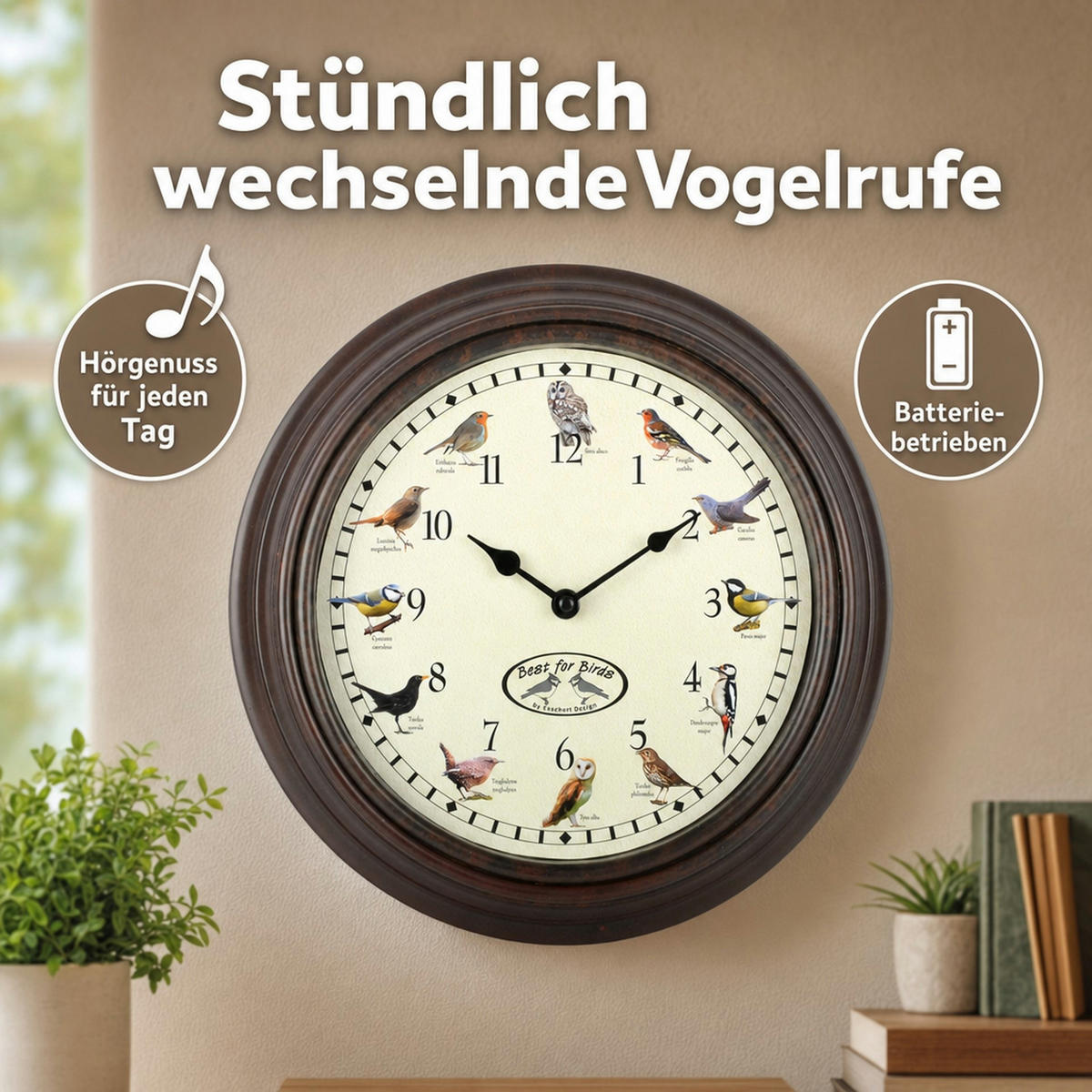 UHR mit Vogelgezwitscher - Dunkelbraun, Holz (29.8/29.8/4.5cm) - Westfalia