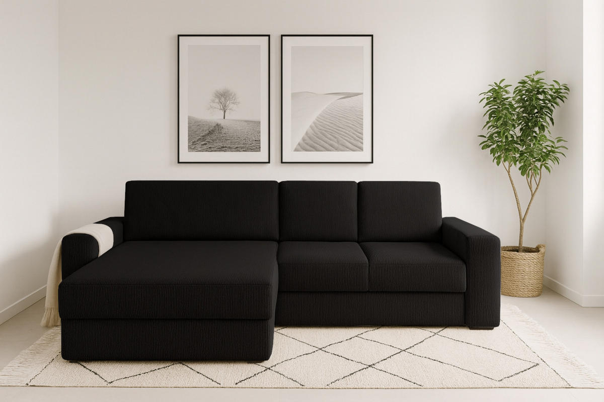 ECKSOFA TOCO XL 275/170 cm in Cord Schwarz links - Schwarz, Holz/Holzwerkstoff (275/170cm) - Deine Möbel 24