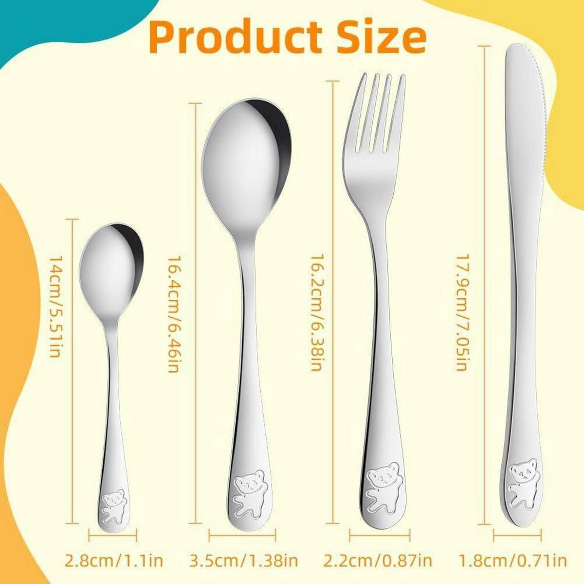 KINDERBESTECK 4-teiliges Set Edelstahl mit Bärenmotiv, graviert - Silberfarben, Metall
