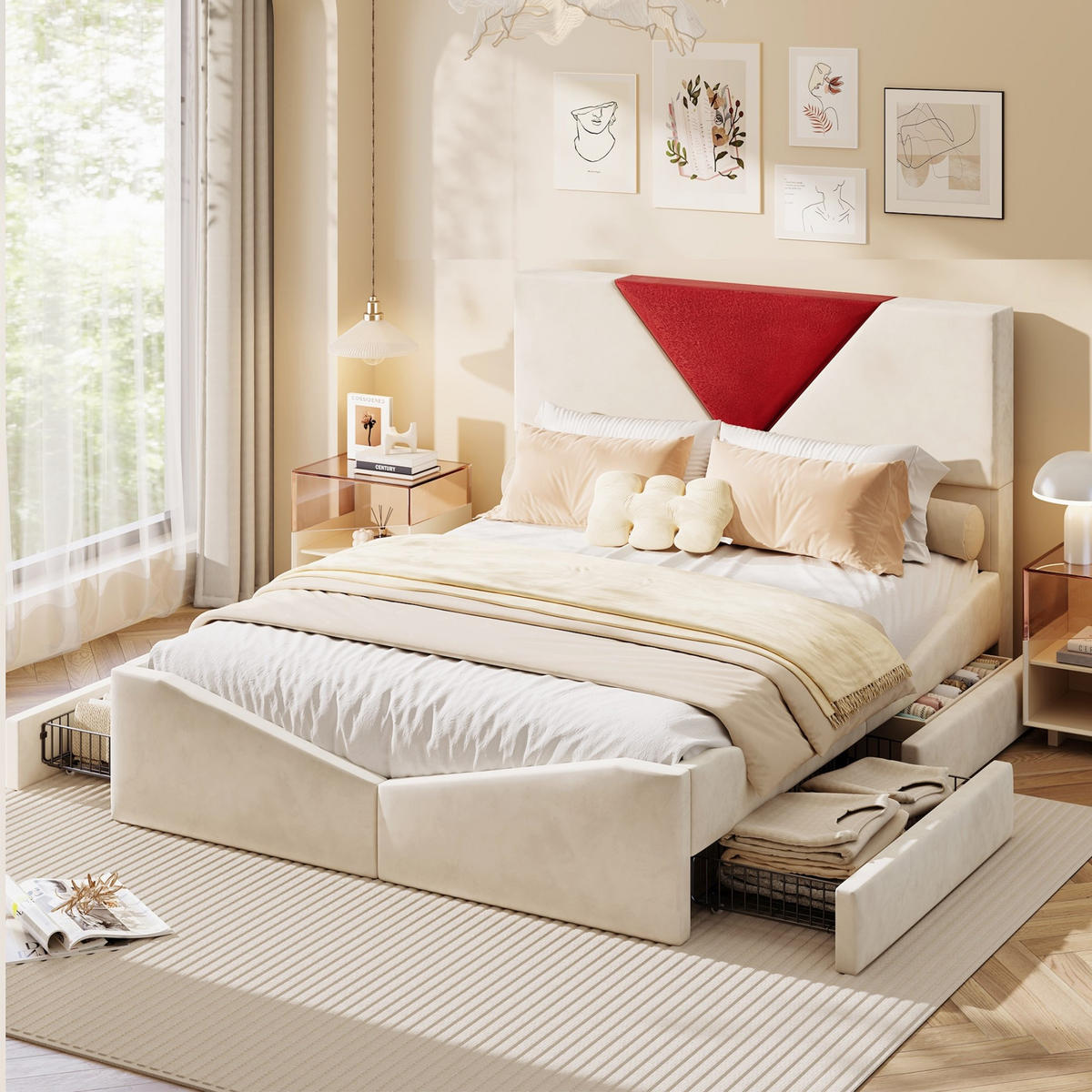 POLSTERBETT 140x200 cm - Zweifarbiges Kopfteil in Bordeaux, Einstellbare LED-Beleuchtung, 4 Schubladen, Samtstoff - Beige - Beige, Holzwerkstoff (140/200cm) - Brevoria