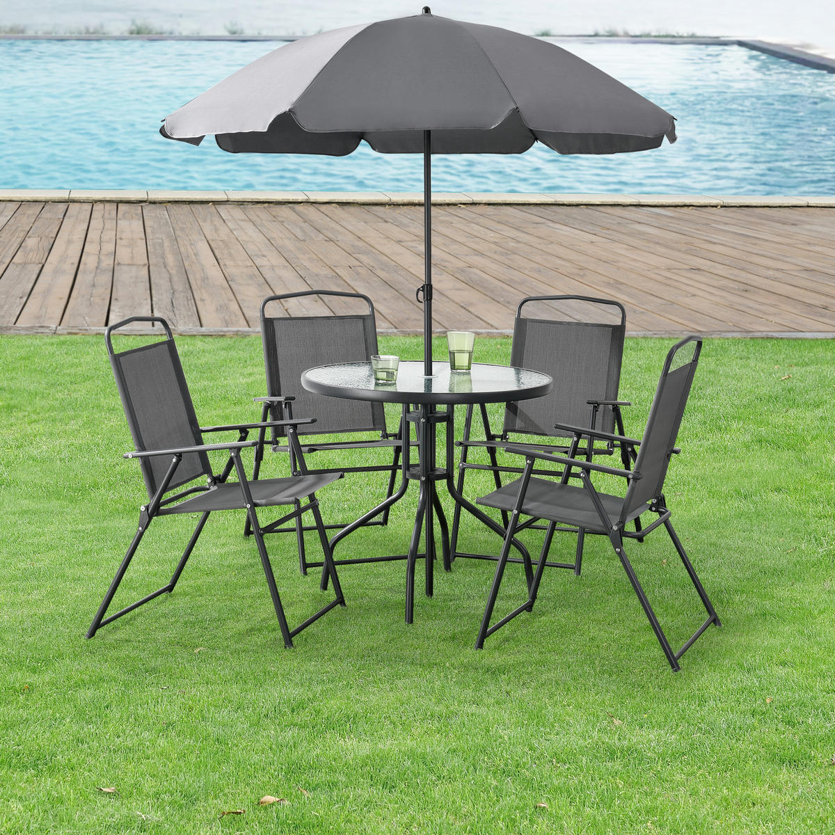 GARTENMÖBEL-SET 6 TLG. Milagro - Dunkelgrau/Schwarz, Glas/Textil - [en.casa]
