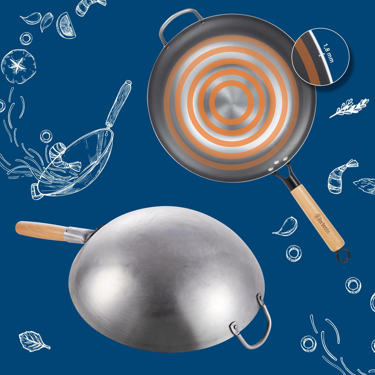 WOK - Eukalyptusholzfarben, Metall (36cm) - CLP