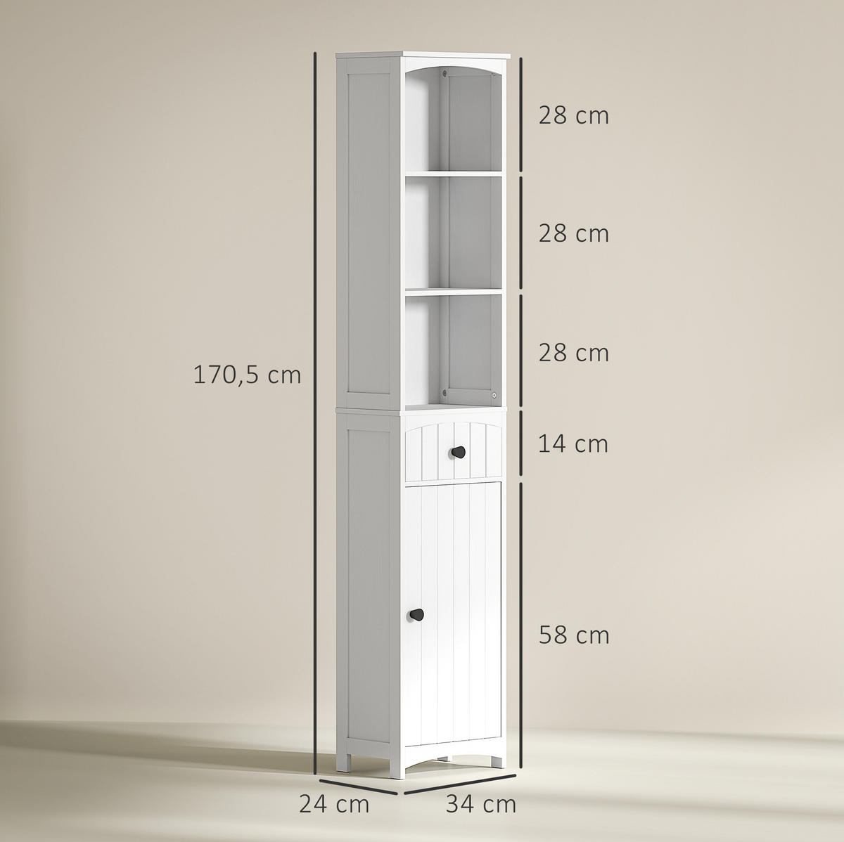 BADEZIMMERSCHRANK mit Schublade 34 x 24 x 170,5 cm Weiß - Weiß, Holz (24/170.5/34cm) - Beauniv