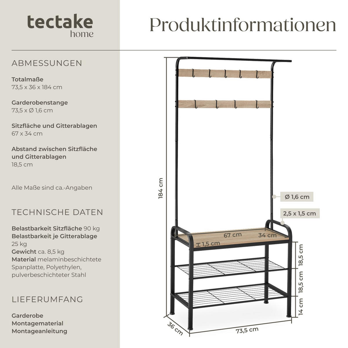 GARDEROBENSTÄNDER Wichita, inklusive Kippschutz, 73,5 x 36 x 184 cm, Industrial Holz hell, Eiche Sonoma - Naturfarben, Textil (36/184/73.5cm) - tectake