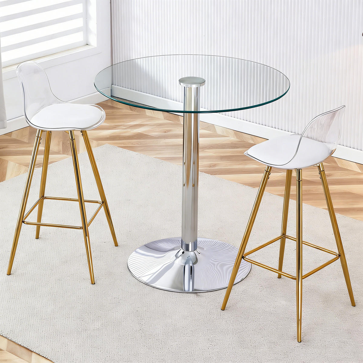 BARTISCH-SET DE-39350 3-teilig, Glastisch und 2 Hocker Transparent/Gold - Goldfarben, Metall (89/92/89cm) - ComfortXL