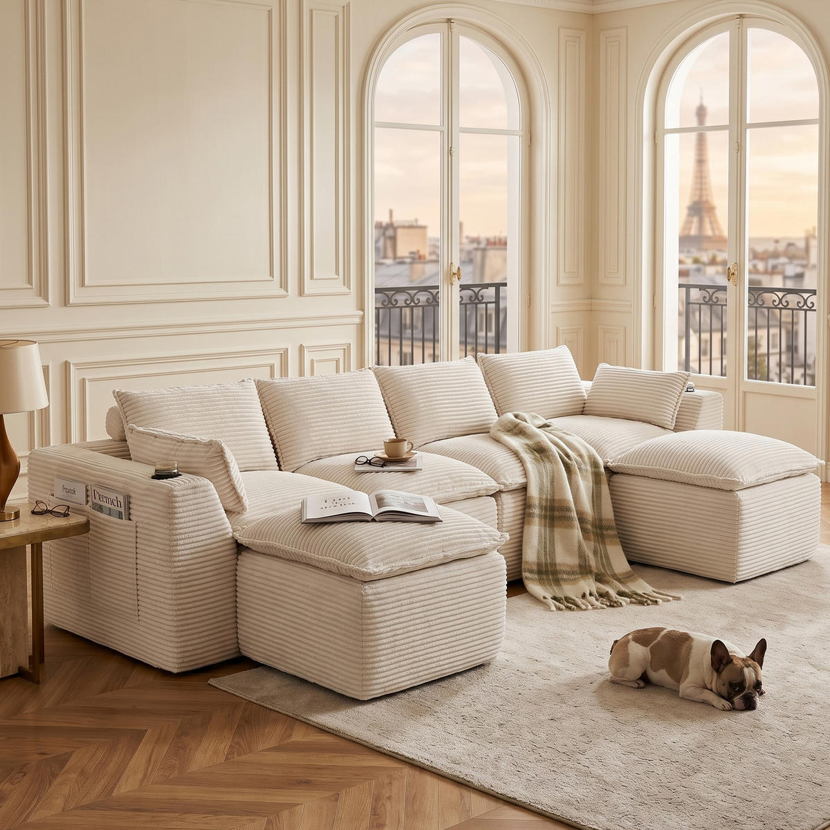 4-SITZER-SOFA aus Chenille, modular mit 2 Fußhockern und Getränkehaltern - Beige, Textil (322/75/161cm) - Urban Meuble