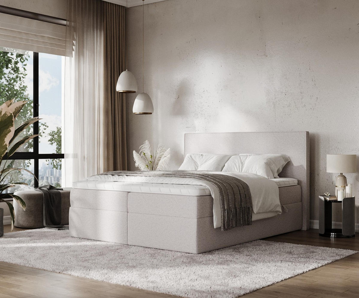 BOXBETT Nuvia 140/200 cm Beige im Riva Stoff - Beige/Schwarz, Holz/Holzwerkstoff (140/200cm) - AltaBeds