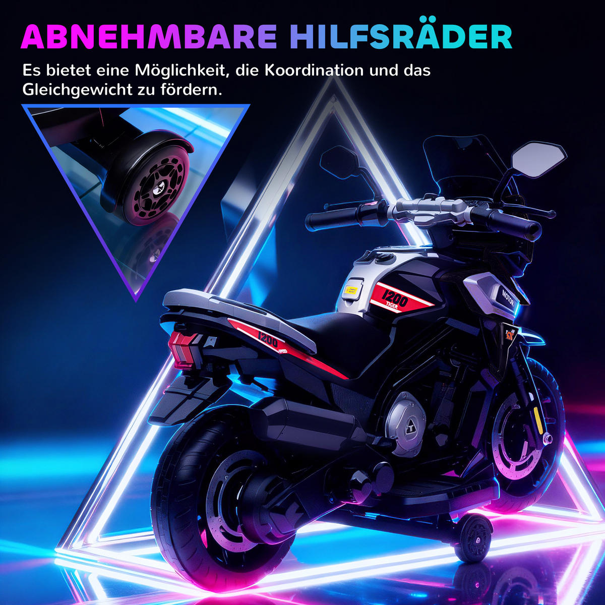 ELEKTRO-MOTORRAD Kinder 6V mit 2 Hilfsrädern, Schwarz - Schwarz, Kunststoff (85.5/44.5/56cm) - AIYAPLAY