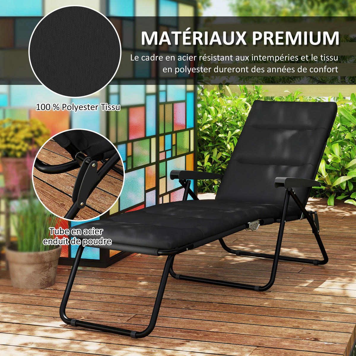 SONNENLIEGE DE-15654 153 cm, 6 Positionen, mit Matratze Schwarz - Schwarz, Metall (58.5/89/153cm) - ComfortXL