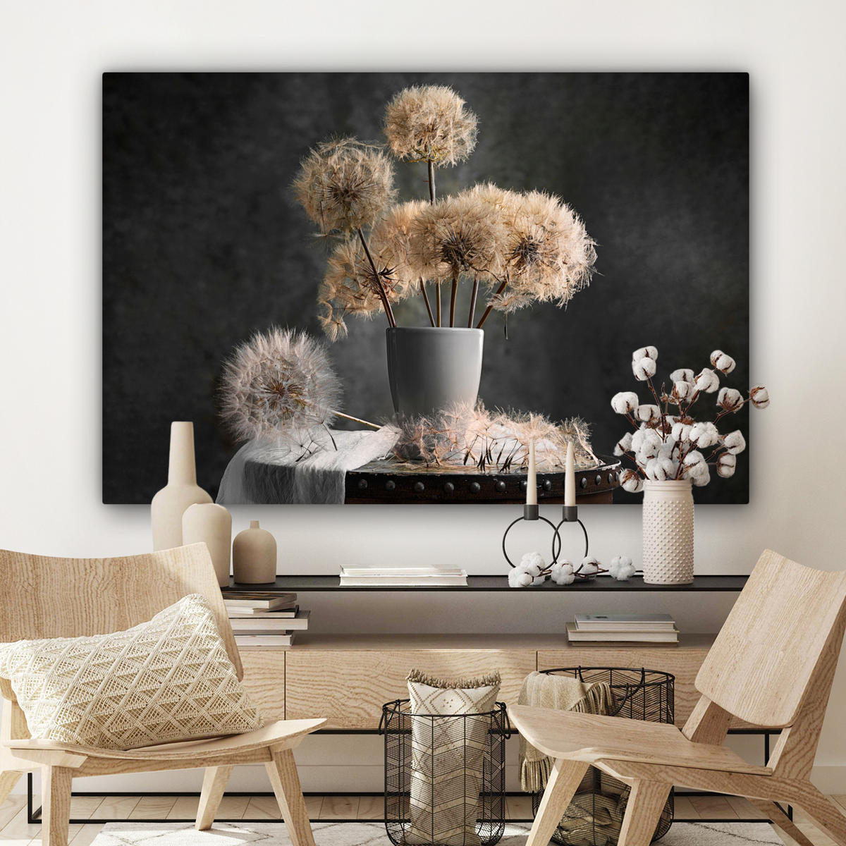LEINWANDBILD Blumensamen - Löwenzahn - Vase - Stilleben - Blumenstrauß XXL 150x100 cm - Dunkelgrau, Textil (150/100cm) - MuchoWow