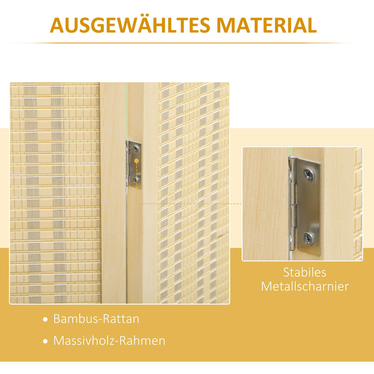 PARAVENT 4-teilig 180 x 181 cm, Natur - Naturfarben, Holzwerkstoff (180/180/1.7cm) - HOMCOM
