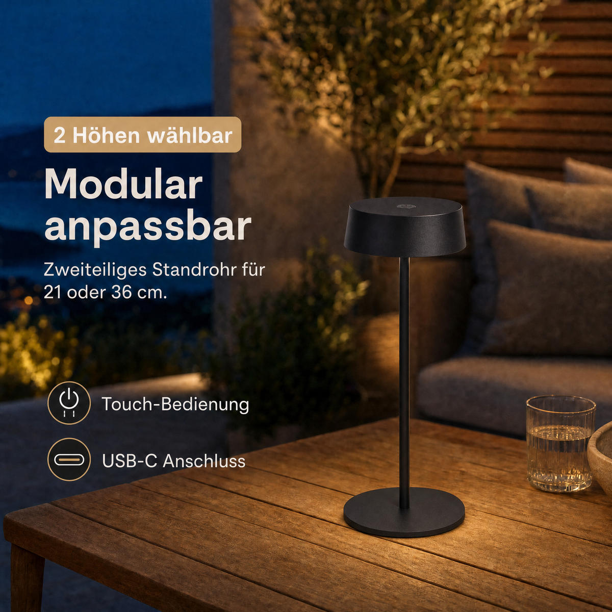 LED-TISCHLEUCHTE - dimmbar, kabellos, IP54, Metallgehäuse, für Innen- und Außenbereich, schwarz, höhenverstellbar - Schwarz, Metall (13.5/13.5/36cm) - Northpoint