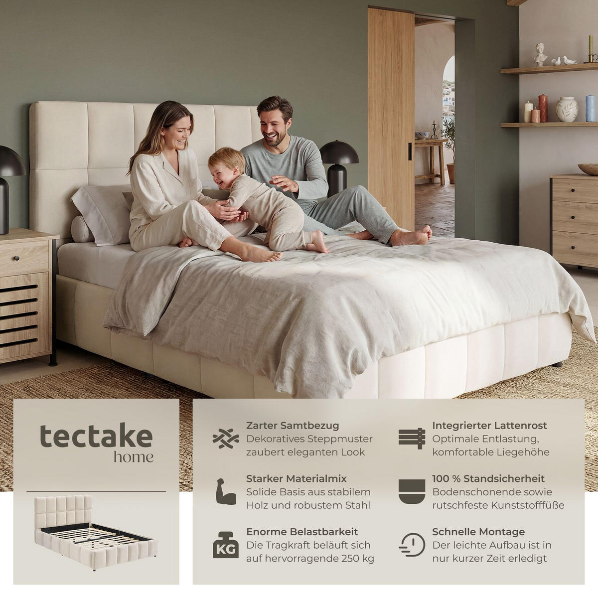 POLSTERBETT Shirley, Belastbarkeit 250 kg, Samtoptik sand - Gelb/Samtahornfarben, Holz (120/200cm) - tectake