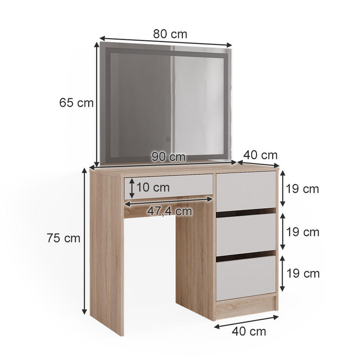 SCHMINKTISCH Sherry Sonoma 90 cm mit LED-Spiegel - Weiß/Sonoma Eiche, Holzwerkstoff (90/75/40cm) - Vicco
