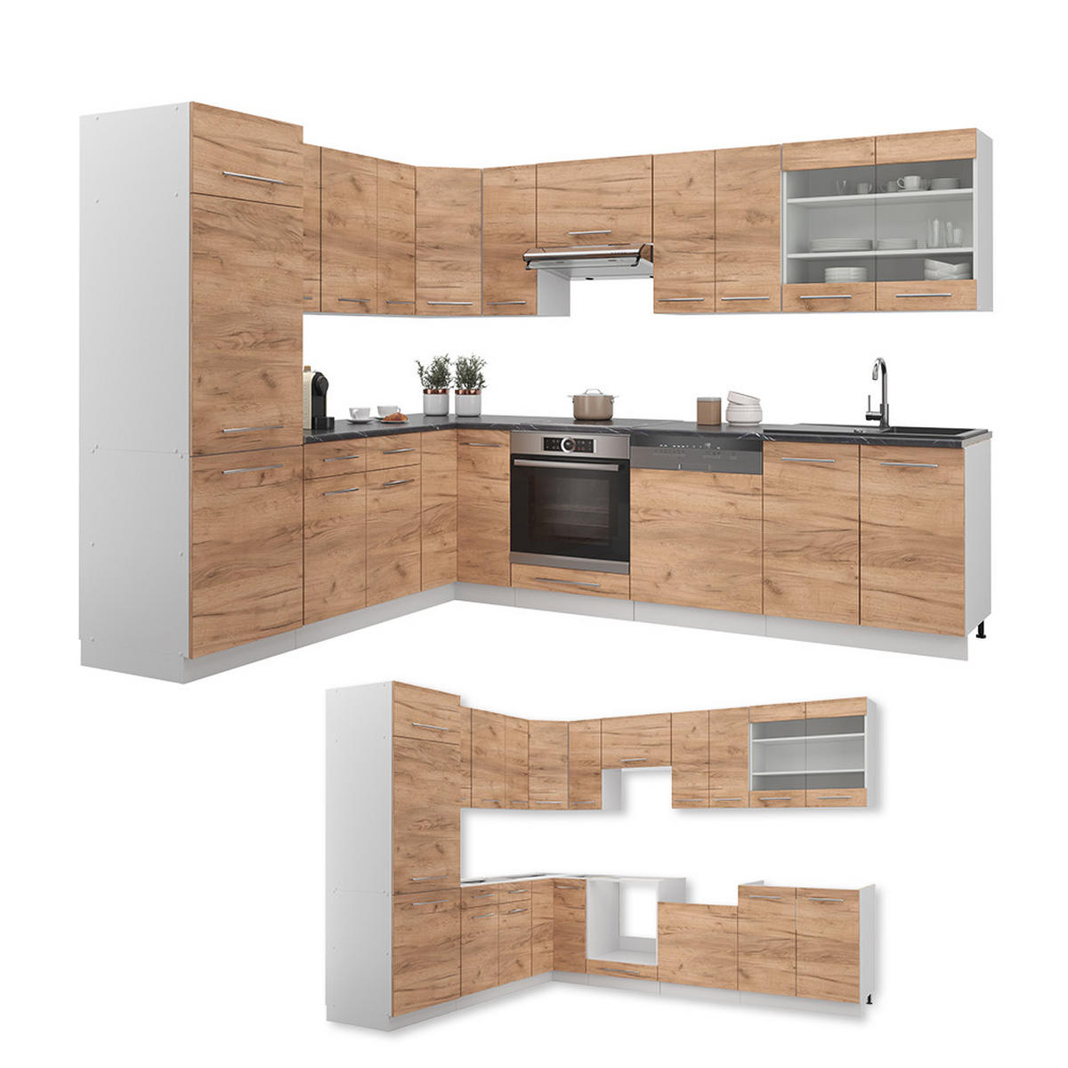 ECKKÜCHE Fame-Line Goldkraft Eiche/Weiß 227 x 60 cm ohne AP - Eiche Wotan/Weiß, Holzwerkstoff (287/81.6/46cm) - Vicco