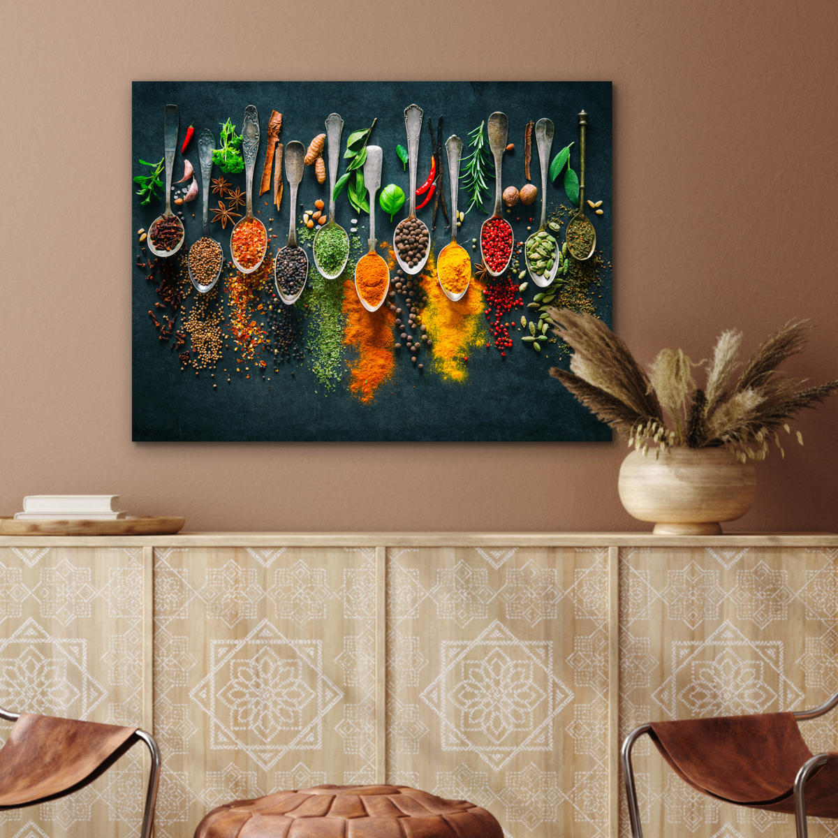 KOVOVÝ OBRAZ Bylinky - korenie - lyžičky 80x60 cm - kari žltá, kov (80/60cm) - MuchoWow