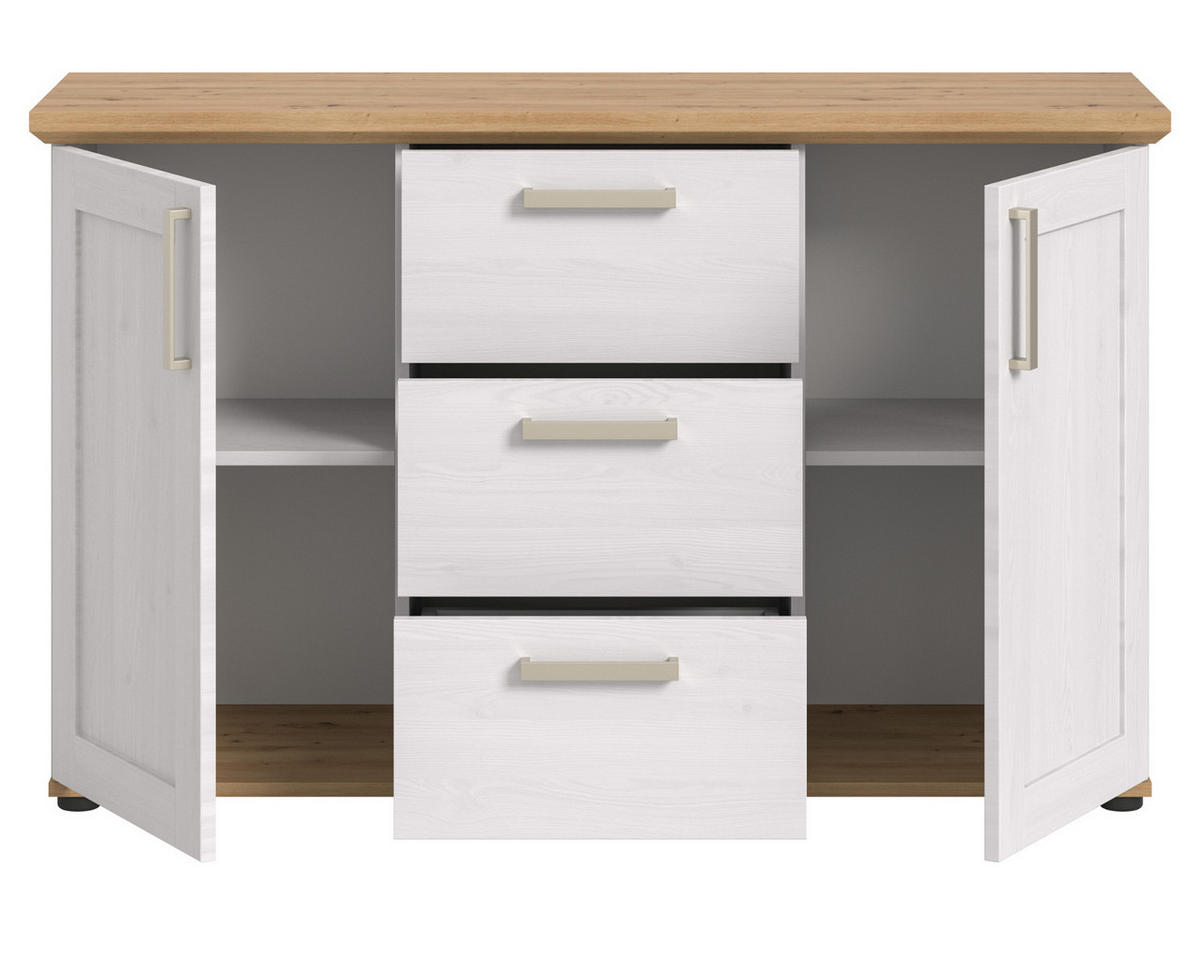 SIDEBOARD weiß Lärche, Eiche Artisan 129 cm, Kommode im Landhaus-Stil - Silberfarben/Schwarz, Holzwerkstoff/Kunststoff (129/80/40cm) - Inn.Furn