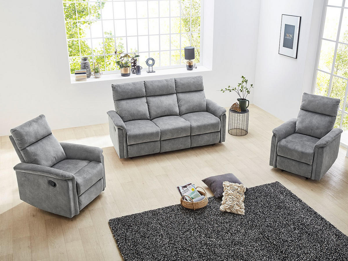 3-SITZER-RELAXSOFA Federkern, Liegefunktion verstellbar durch halbautomatische Relaxfunktion B180/T90/H100 cm, Velours Vintage Grau / 15128 - Hellgrau/Schwarz, Textil (180/100/90cm) - luma-home