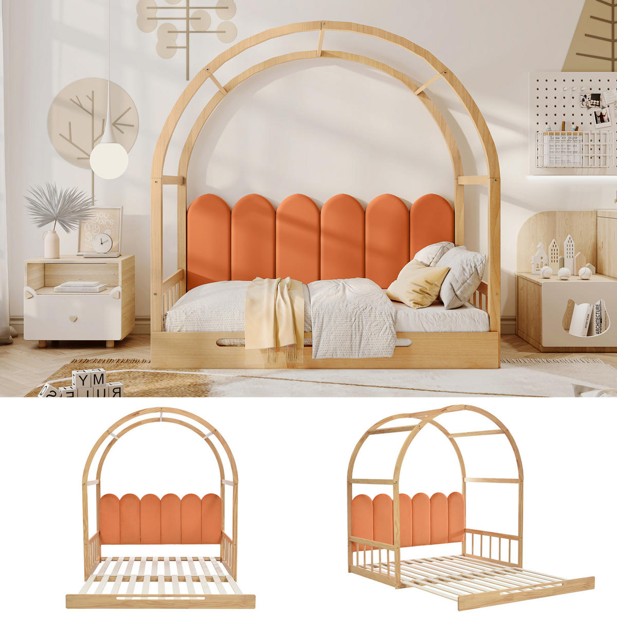 AUSZIEHBETT 140/100 und 140/200 cm Natur gewölbtes Hausbett aus Kiefer mit Kissen - Naturfarben, Holzwerkstoff (140/200cm) - OKWISH