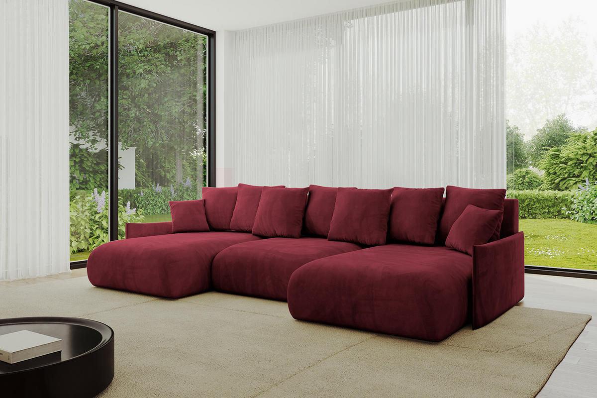 WOHNLANDSCHAFT mit Schlaffunktion und Bettkasten ONESK-U-v1 304x165x40 Bordeauxrot Velours - Bordeaux, Holzwerkstoff/Kunststoff (304/90/165cm) - ALTDECOR
