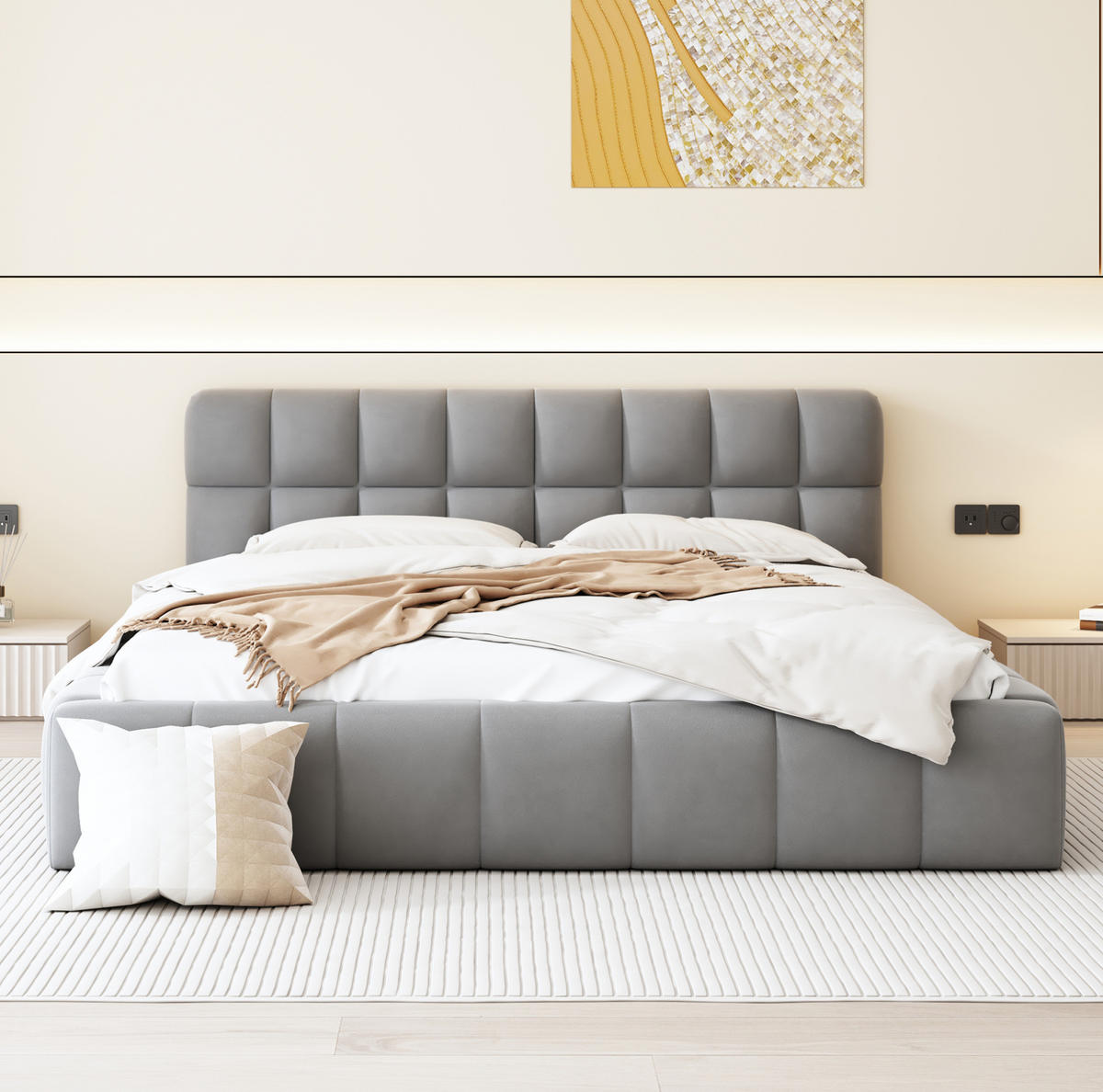 POLSTERBETT 140/190 cm mit gepolstertem Kopfteil, eingebettetem Matratzendesign und Lattenrost, Grau - Grau, Textil (140/190cm) - Redom