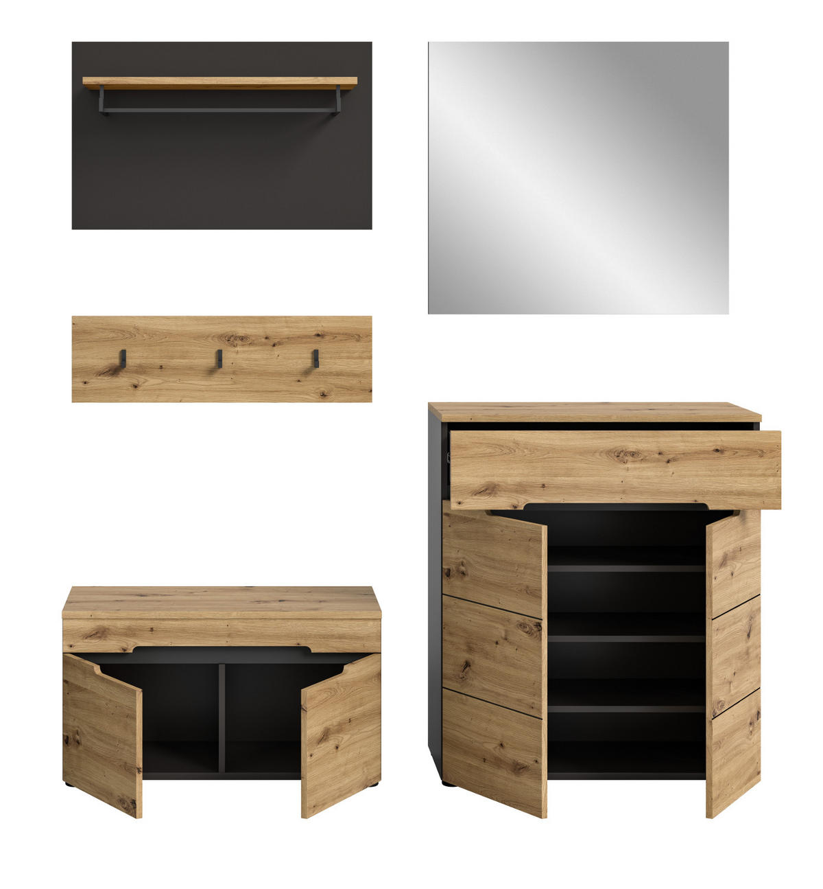 GARDEROBE Set 5-teilig Eiche Artisan grau 175 cm, mit Soft-Close - Schwarz/Eiche Artisan, Glas/Holzwerkstoff (175/190/37cm) - Inn.Furn
