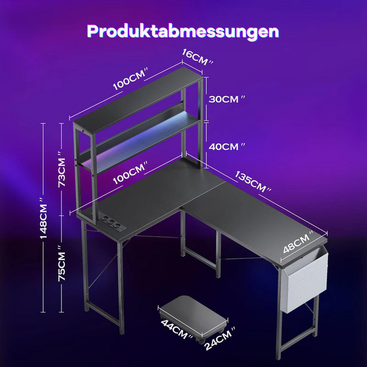 L-COMPUTERTISCH 148 cm mit RGB Beleuchtung Steckdose Schwarz - Schwarz, Holz (135/48/148cm) - Kaket