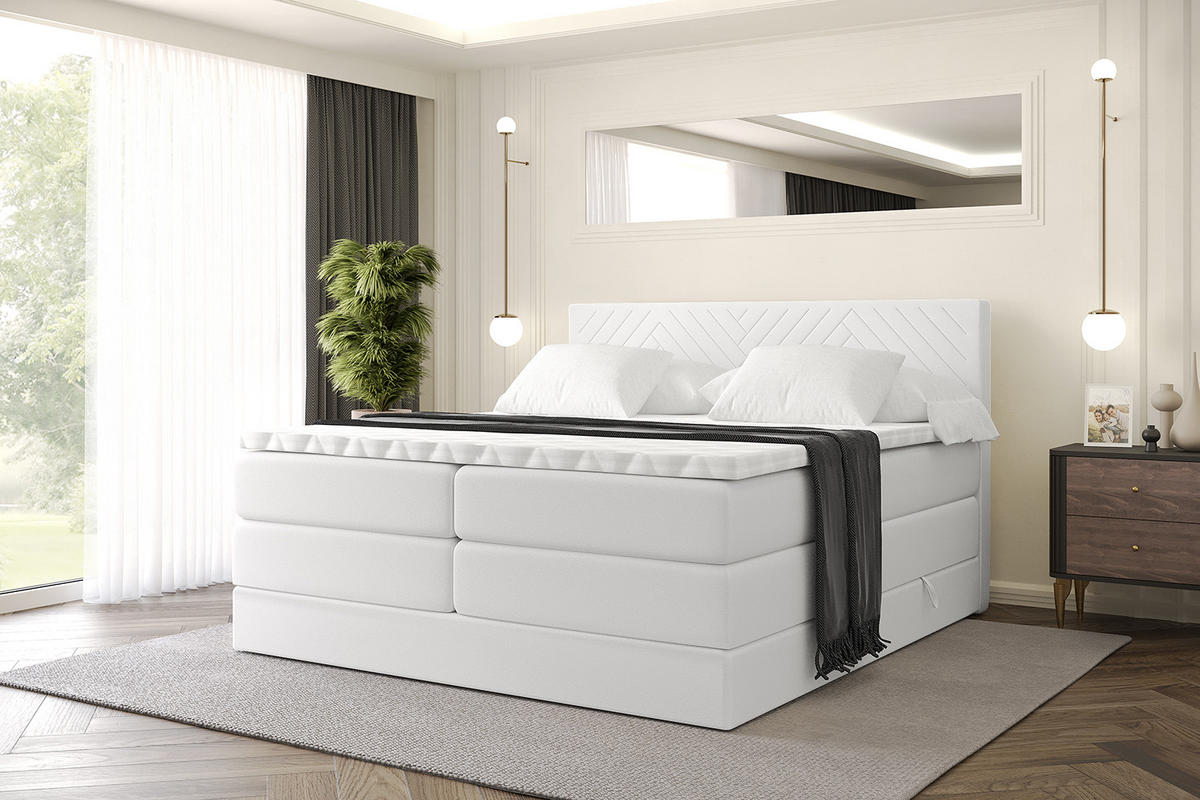 BOXSPRINGBETT mit Matratze H3|H4 und Lattenrost - VEXA KING-160x200 - Weiß - Weiß, Holzwerkstoff (160/200cm) - ALTDECOR