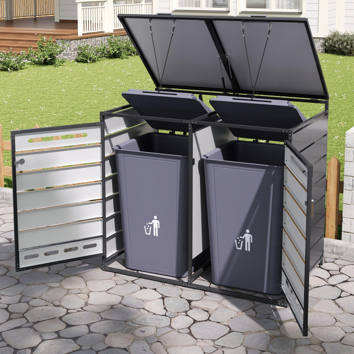 MÜLLTONNENBOX Hydraulik Deckel Holzoptik horizontal Schloss - Schwarz, Metall (131/116/79cm) - LEBENLANG