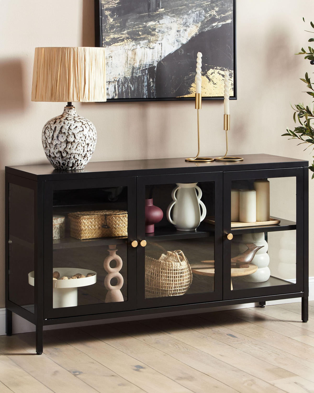 SIDEBOARD mit Glastüren Metall 115 cm Schwarz Newport - Schwarz, Metall (115/65/35cm) - Beliani