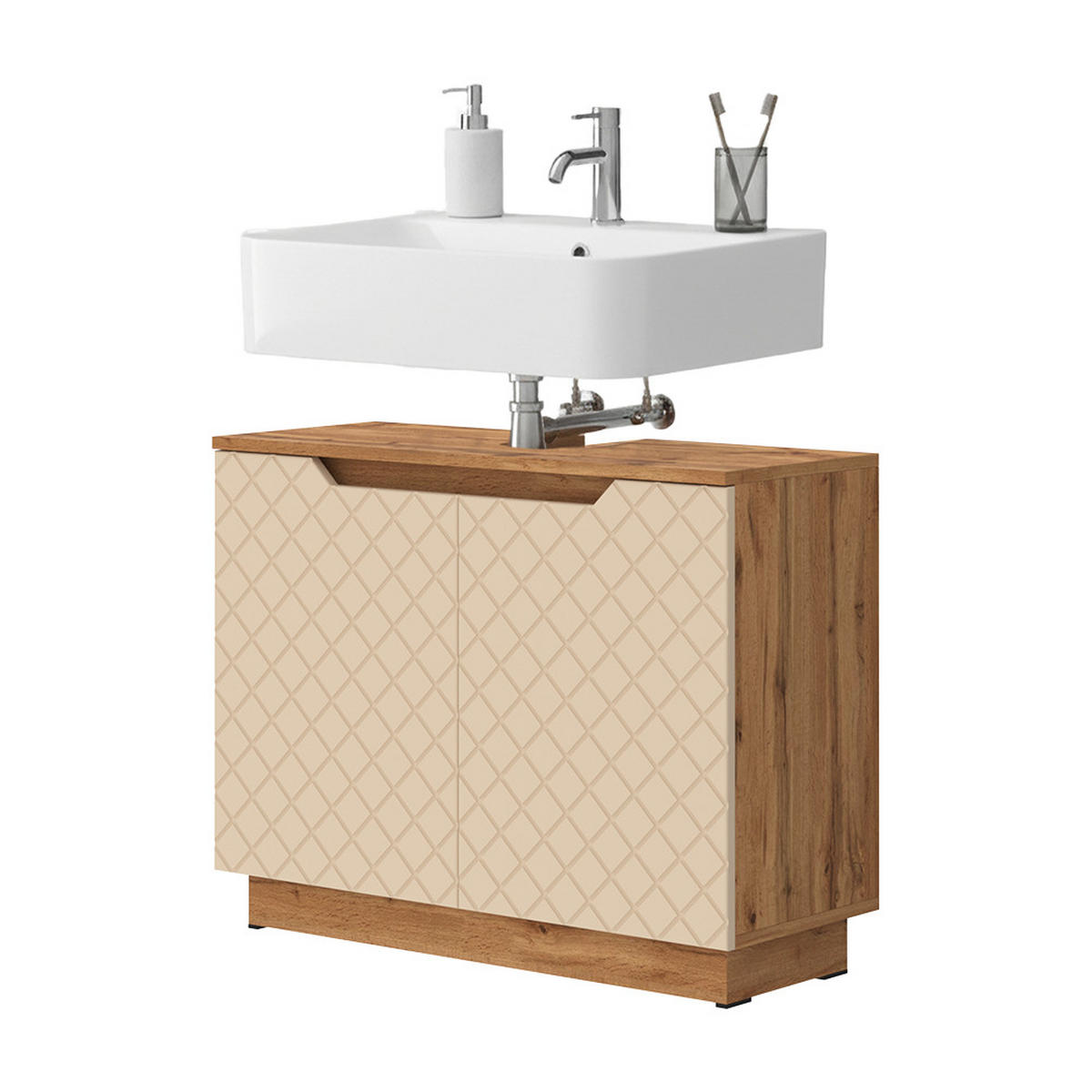 WASCHBECKENUNTERSCHRANK Lotta Eiche/Kaschmir mit Kachelstruktur 79.6 x 62.1 cm mit 2 Türen - Kaschmir/Eichefarben, Holzwerkstoff (79.6/62.1/32cm) - Vicco