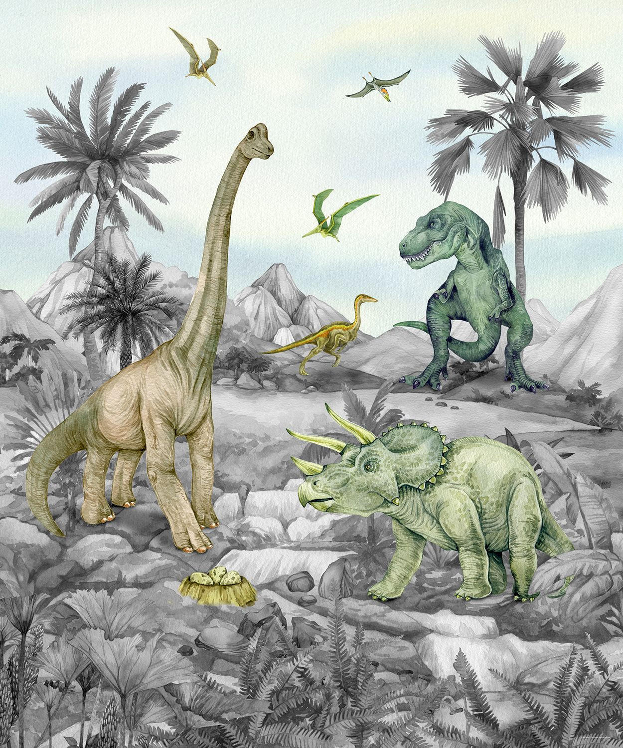FOTOTAPETE Dinosaurier 270 x 225 cm - Grau, Papier (270/225cm) - Sanders & Sanders