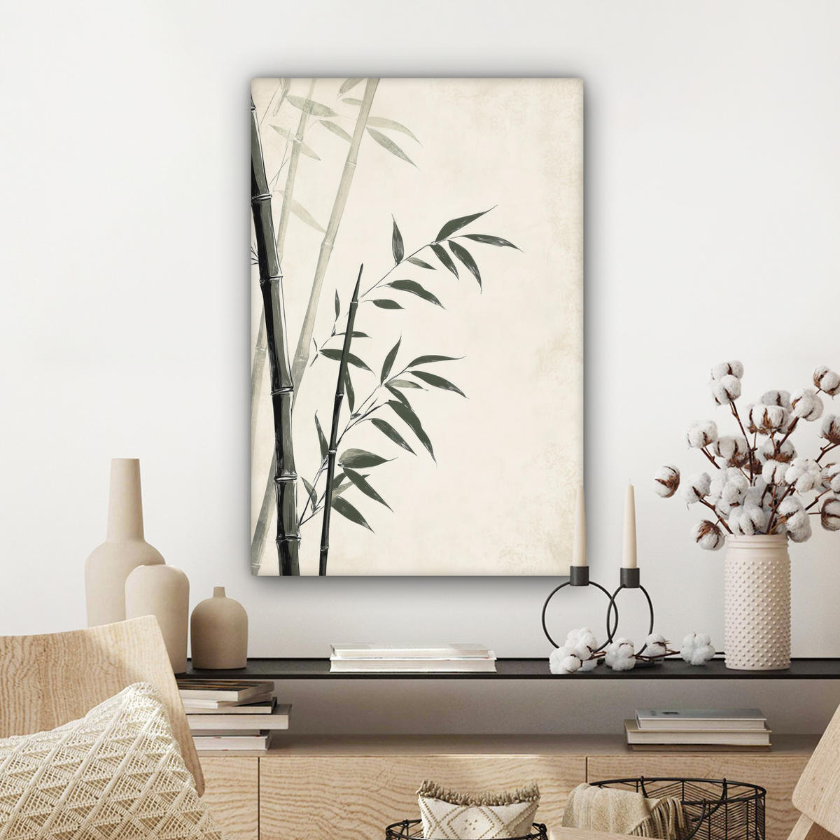 LEINWANDBILD Japandi - Bambus - Beige Wanddeko 40x60 cm - Eukalyptusholzfarben, Textil (40/60cm) - MuchoWow