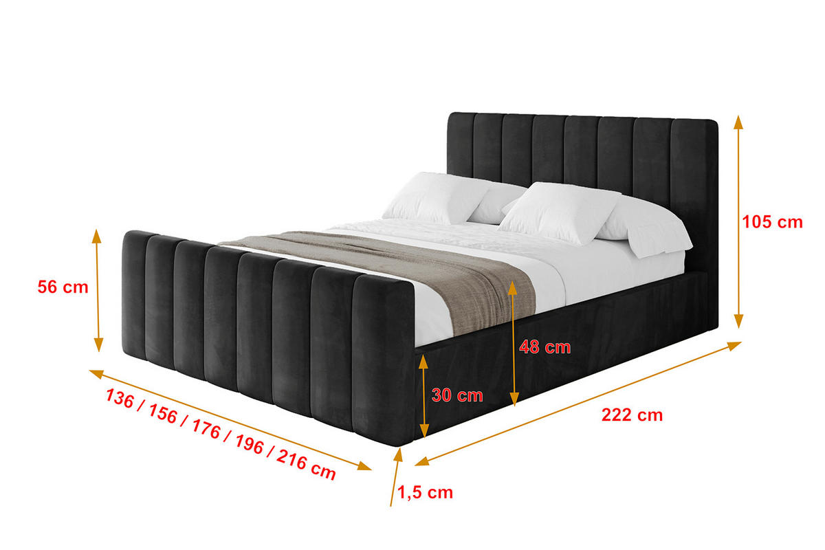 POLSTERBETT mit Bettkasten, Fußteil und Lattenrost, Boxbett mit Matratze H3/H4 - STERA-Z 140x200 Schwarz - Schwarz, Holzwerkstoff/Textil (140/200cm) - ALTDECOR