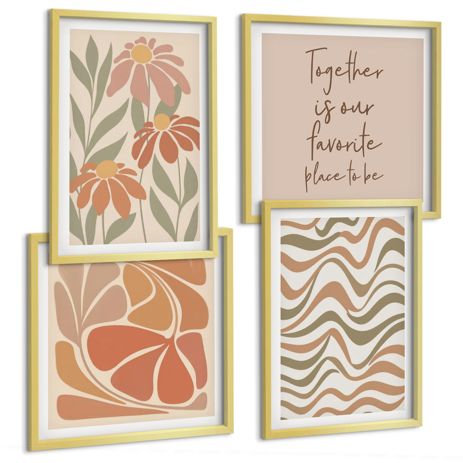 BILDER SET 4er Set - 50x50 cm & 40x60 cm Goldrahmen - Abstrakte Pastellblumen - Goldfarben, Kunststoff (50/50cm) - TULUP