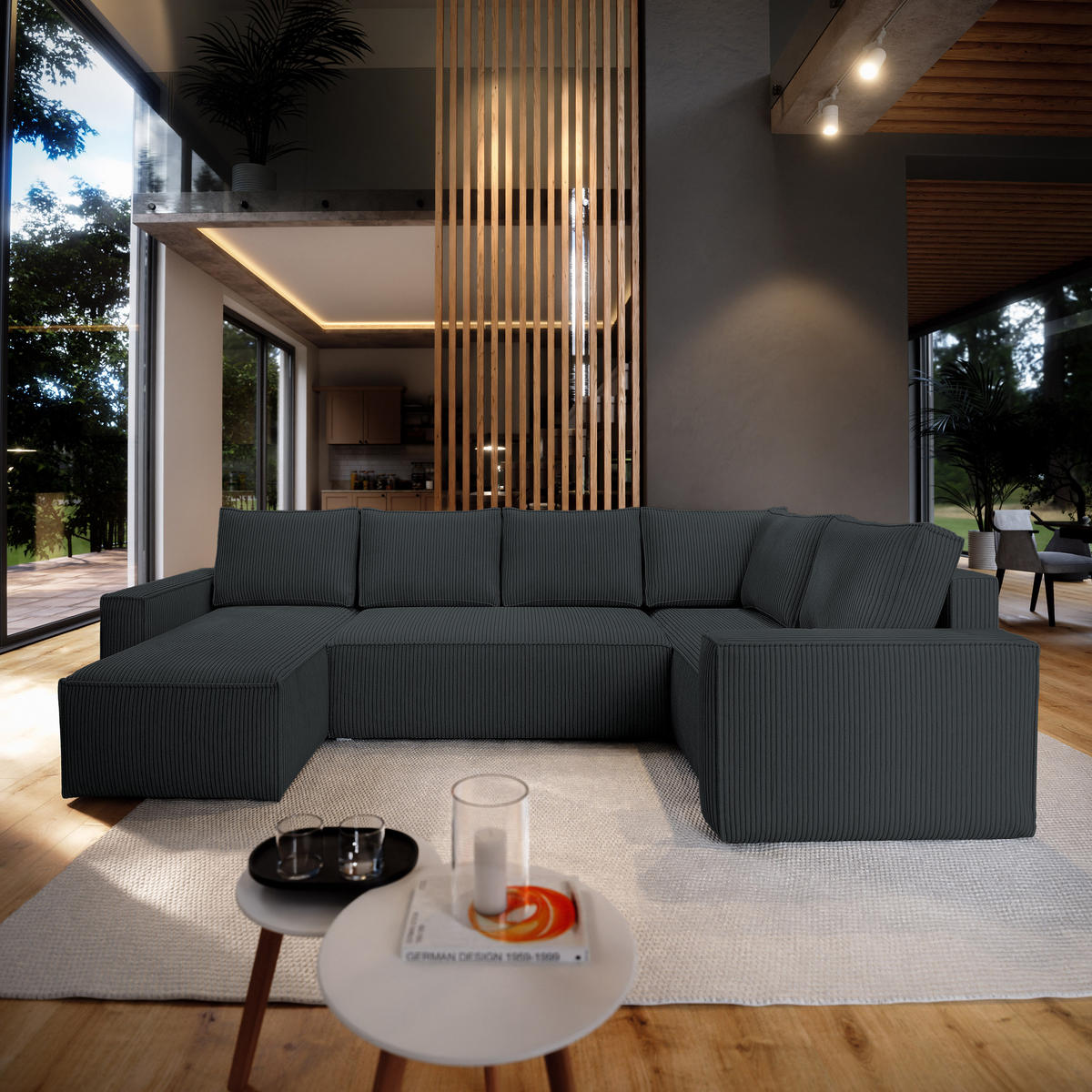 ROHOVÁ SEDAČKA NORENA grafitová - šedá/grafitová, dřevo/textil (295/157.5cm) - MASSENO